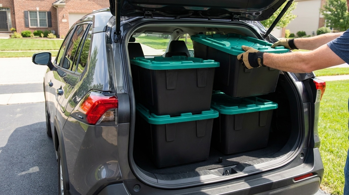 Person loading black rental moving totes with green lids into the back of an SUV for a local move