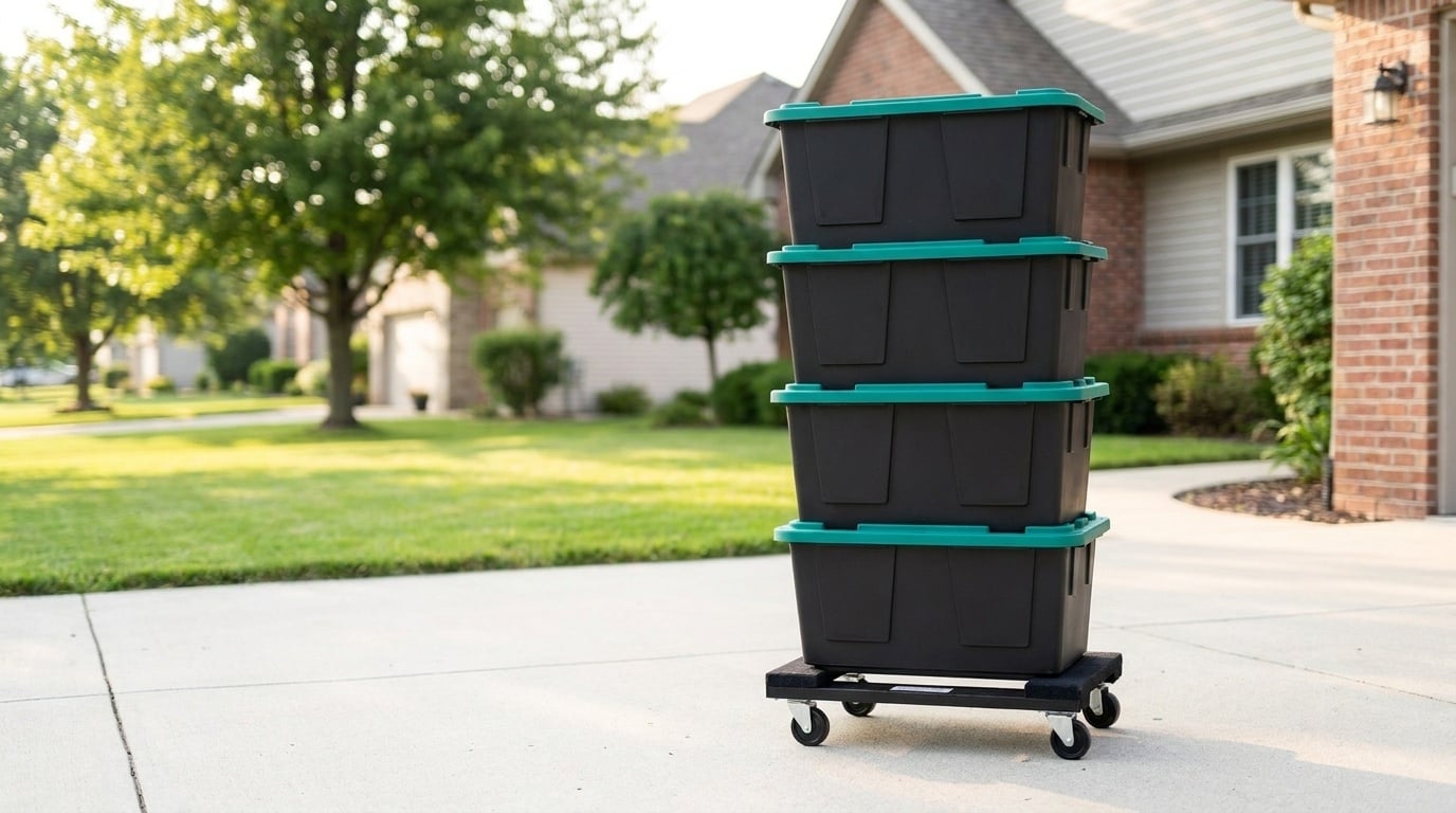 Stack of black rental moving totes with green lids on a tote dolly in a suburban driveway after delivery in Lee's Summit, Missouri