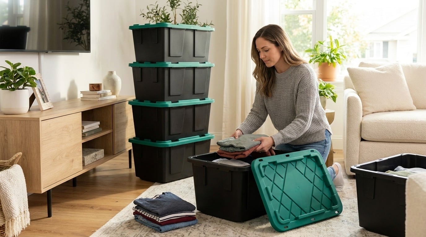 Woman packing folded clothes into an open black rental moving tote with green lid in a bright living room, more stacked totes nearby