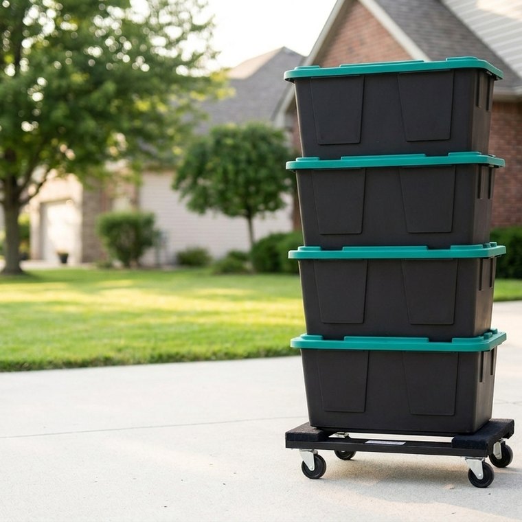 Moving totes delivered on a dolly to the driveway