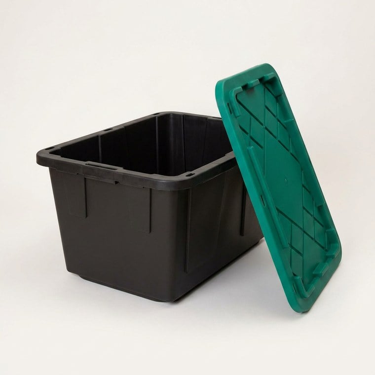 Open moving tote showing clean interior and snap-on lid